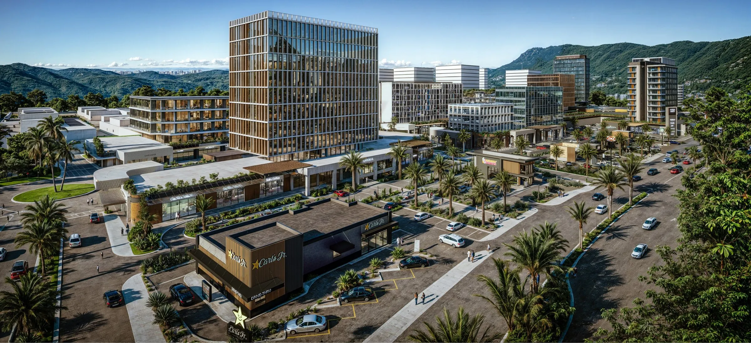 Render aéreo del plan maestro de Parque Norte: torres, comercio, plazas y arbolado junto al bulevar