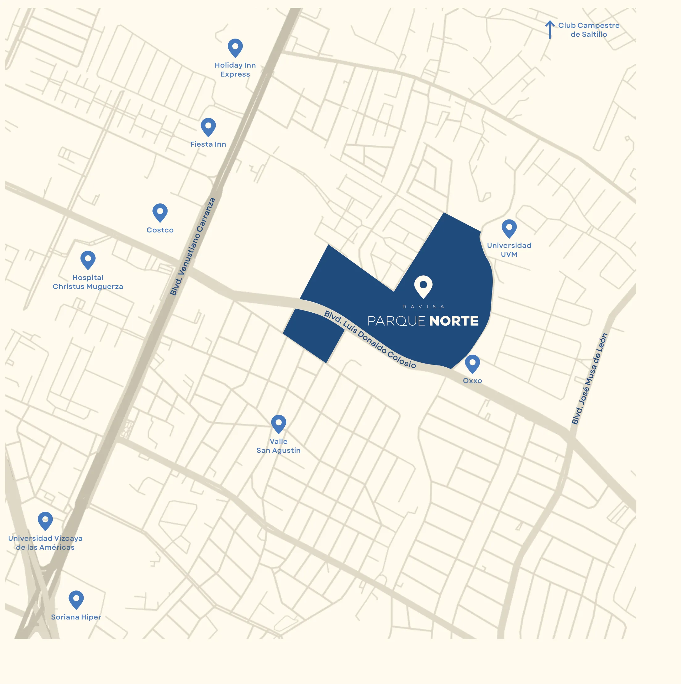 Mapa del norte de Saltillo con el predio de Parque Norte sobre el Blvd. Luis Donaldo Colosio y puntos de referencia cercanos