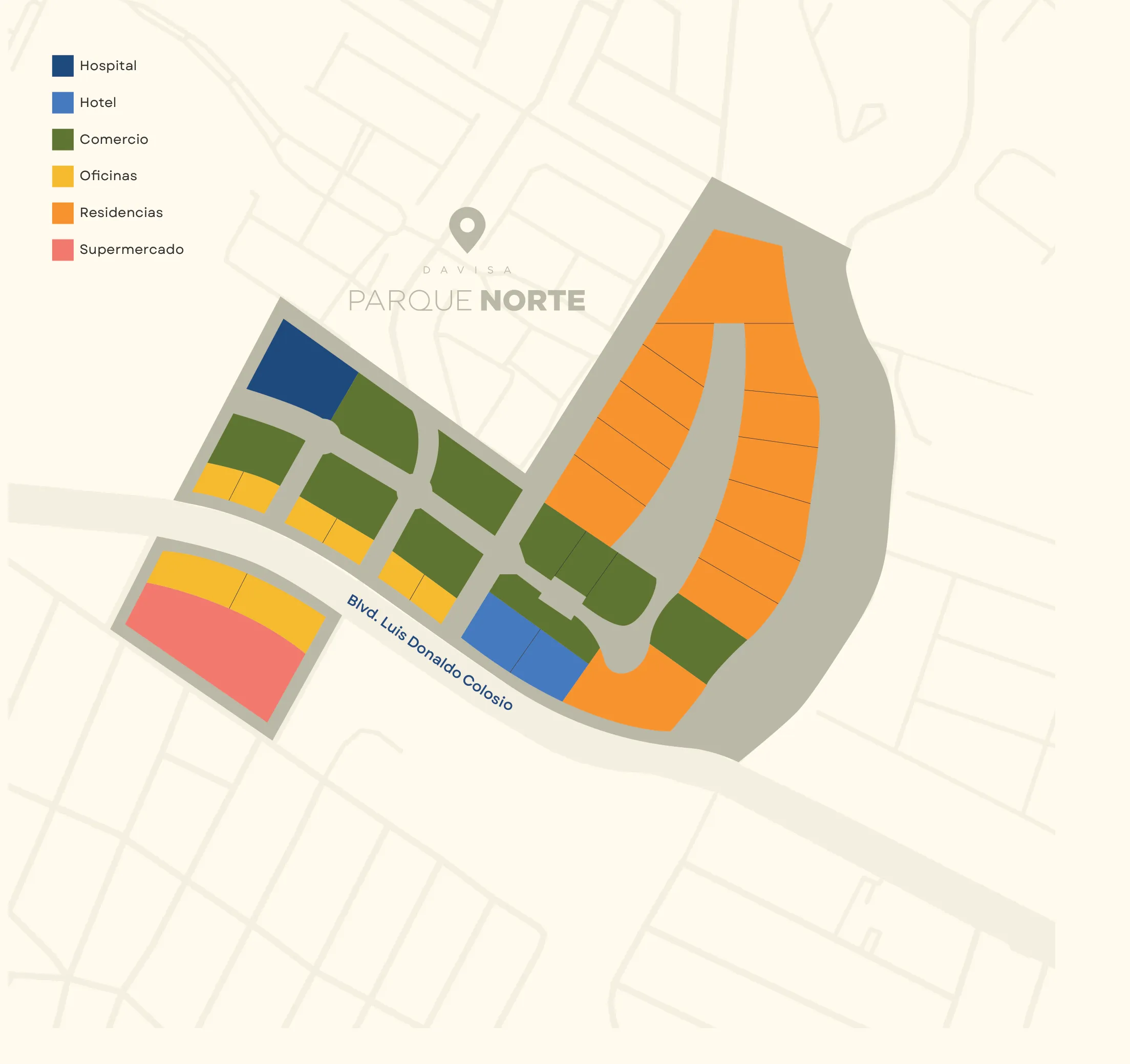 Plano del master plan de Parque Norte sobre el Blvd. Luis Donaldo Colosio, con zonas de hospital, hotel, comercio, oficinas, residencias y supermercado