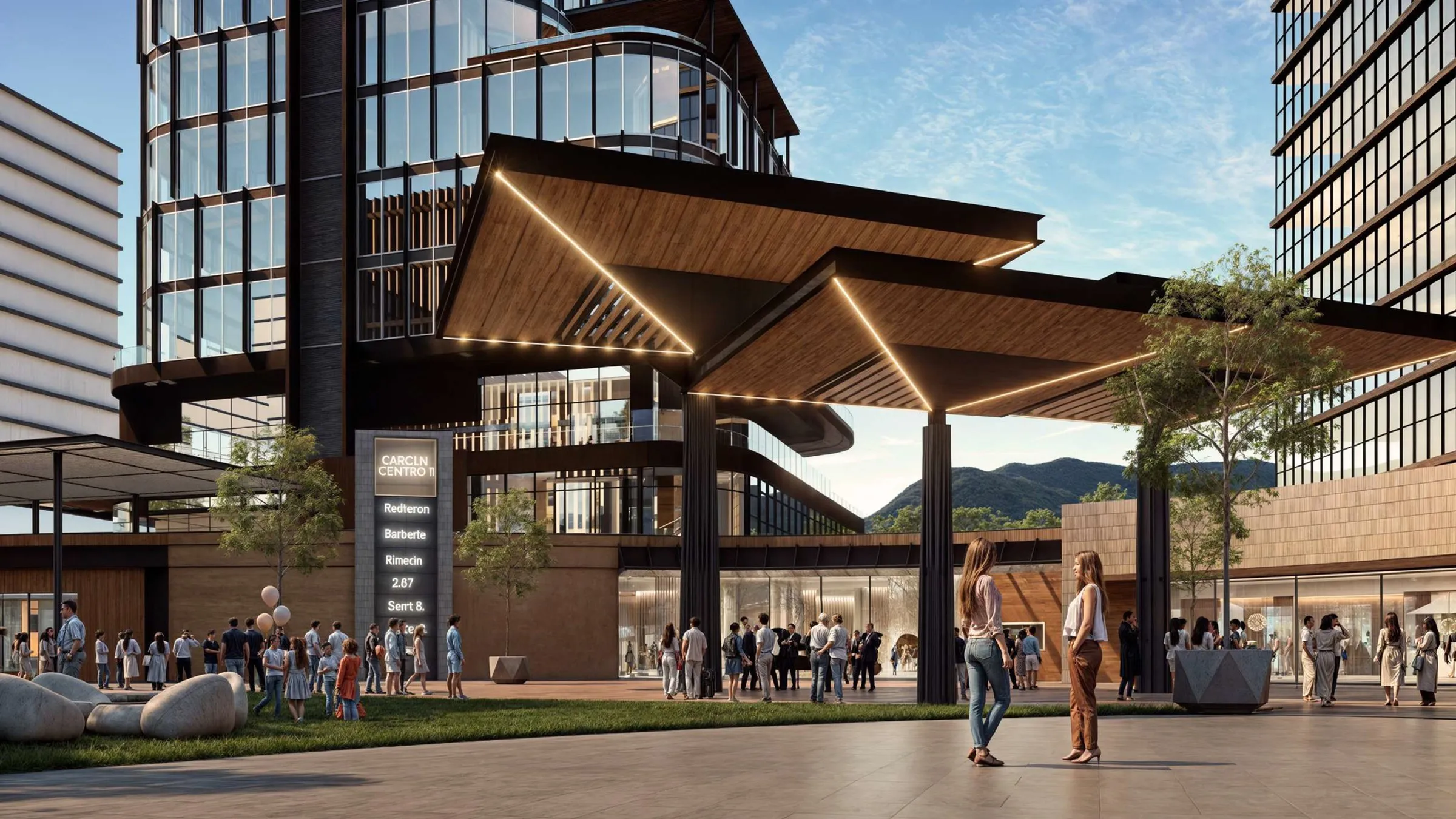 Render de la plaza central de Parque Norte con su pérgola y locales comerciales