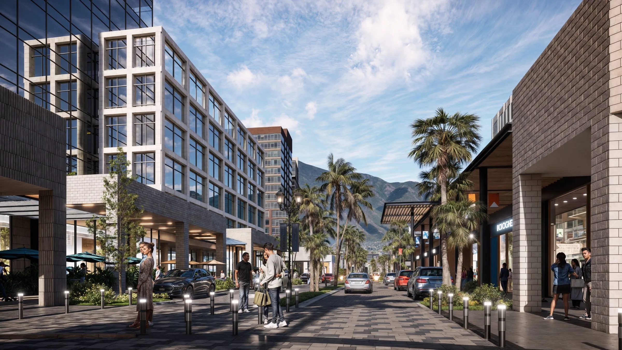 Render de la rambla peatonal de Parque Norte entre edificios de oficinas y locales, con palmeras