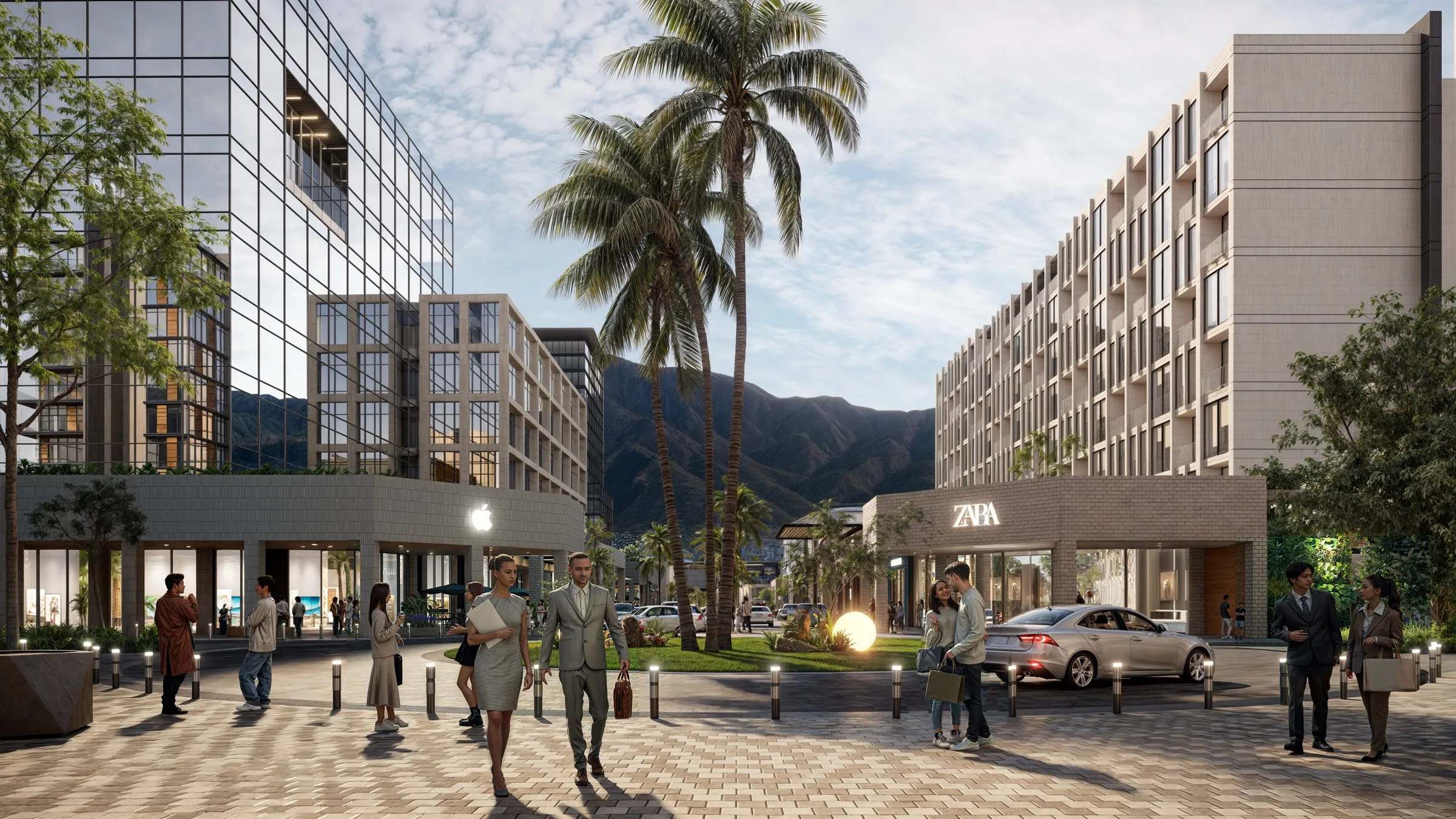 Render del acceso comercial de Parque Norte con fachada de cristal y locales a nivel de calle