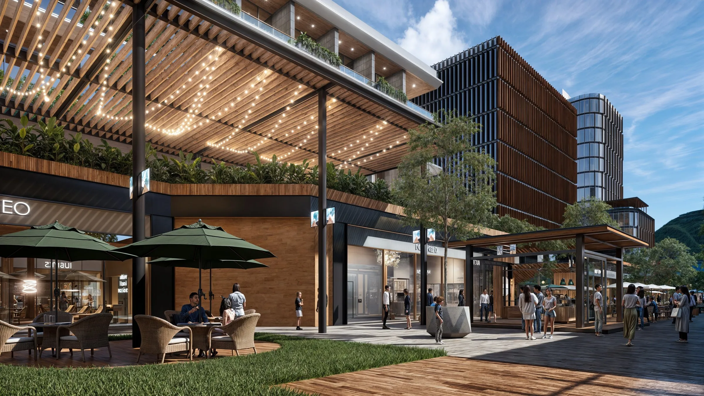 Render de una terraza de restaurante bajo pérgola de madera en Parque Norte
