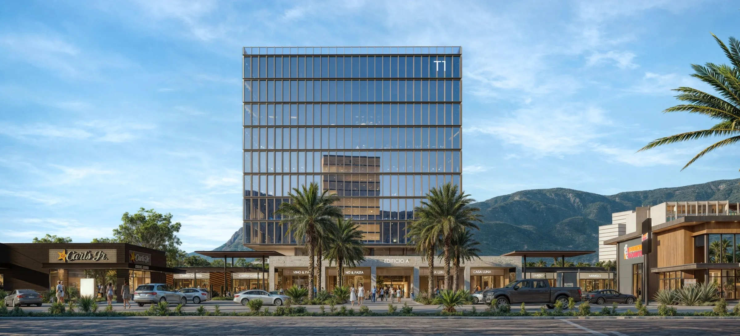 Render de la torre de oficinas y locales comerciales de Parque Norte al atardecer